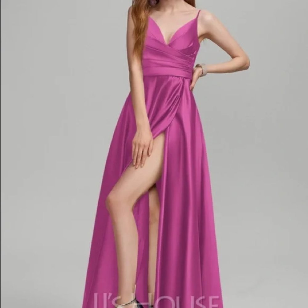 Pink (Fuscia) A-Line Satin Prom Dress